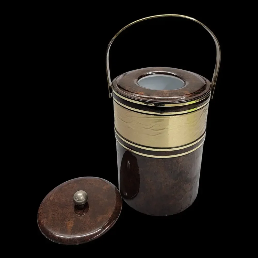 Vintage Mid Century Ice Bucket Brass Handle Faux Tortoiseshell Barware